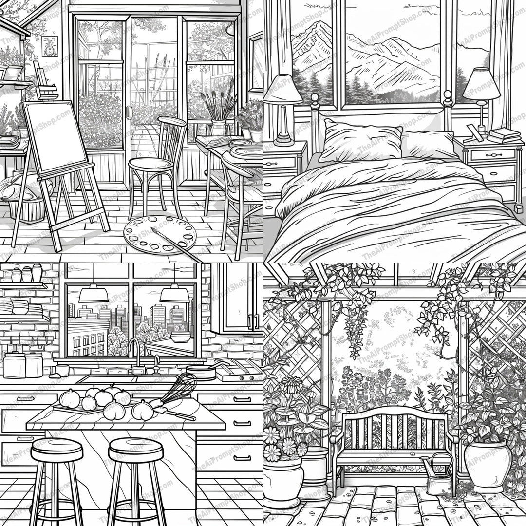 Cozy Interior Scenes AI MidJourney Image Prompt, 9382 Coloring Pages, midjourney, Cozy Interior, Artist Studio, Comfortable Bedroom, Modern Kitchen, Garden Patio, Black and White, Detailed Illustration, Intricate Design, Warm Atmosphere, Inviting, Home Decor, Interior Design, Stylish, Artistic, Creative Space, Relaxing, Peaceful, Serene, Charming, Elegant, Midjourney, Ai, Ai Image Prompt, Image Prompt, Prompt