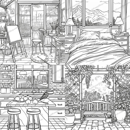 Cozy Interior Scenes AI MidJourney Image Prompt, 9382 Coloring Pages, midjourney, Cozy Interior, Artist Studio, Comfortable Bedroom, Modern Kitchen, Garden Patio, Black and White, Detailed Illustration, Intricate Design, Warm Atmosphere, Inviting, Home Decor, Interior Design, Stylish, Artistic, Creative Space, Relaxing, Peaceful, Serene, Charming, Elegant, Midjourney, Ai, Ai Image Prompt, Image Prompt, Prompt
