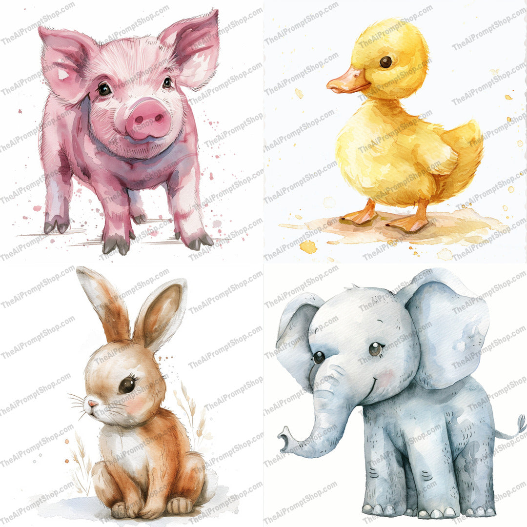Adorable baby farm animal watercolor art in a storybook style created from an AI image prompt.