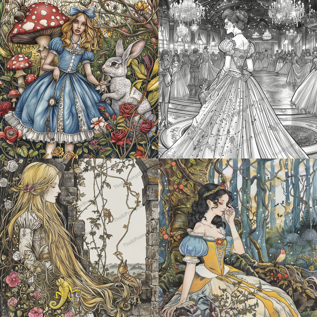 Enchanting Fairytale Princesses AI MidJourney Image Prompt, 8078Alice in Wonderland, artistic prints, Cinderella art, classic fairytales, detailed artwork, enchanted forest art, fairytale art, fairytale collection, fantasy wall art, hand-drawn illustrations, intricate designs, magical scenes, midjourney, princess decor, princess illustrations, Rapunzel art, Snow White art, storybook characters, whimsical decor