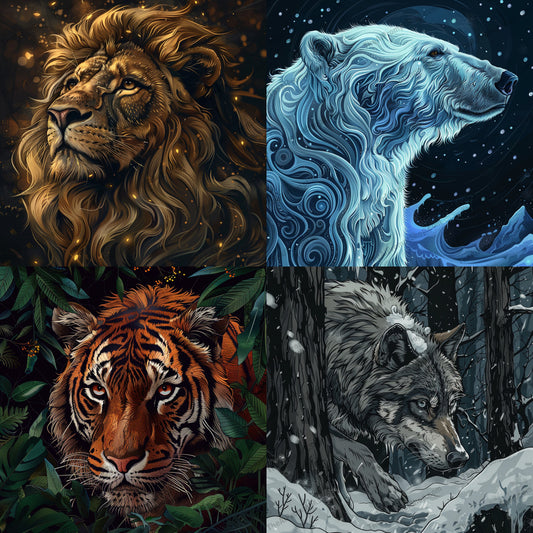 Majestic Wild Animals AI MidJourney Image Prompt, 8079animal lover decor, bold wall art, dramatic artwork, fierce animals, forest art, hand-drawn animals, jungle art, lion art, majestic animals, midjourney, nature-inspired decor, polar bear art, powerful animal art, tiger art, vibrant designs, wild animal art, wilderness art, wildlife collection, wildlife illustrations, wolf art