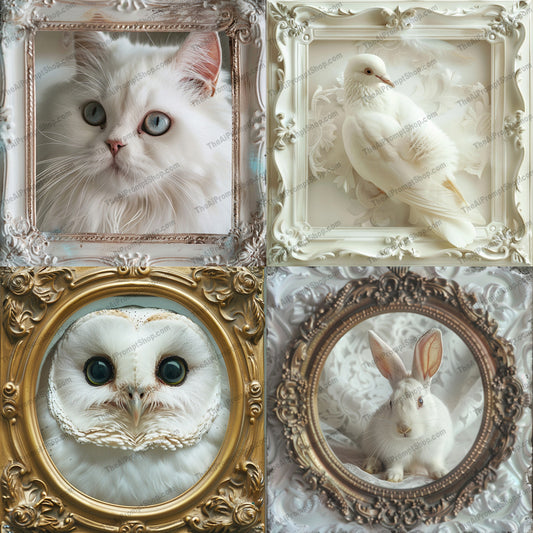 Elegant White Animals in Ornate Frames AI MidJourney Image Prompt, 8081animal lovers, classic elegance, detailed portraits, dove art, graceful animals, home decor, intricate design, luxury decor, luxury interiors, midjourney, ornate frames, owl art, rabbit art, refined artwork, regal cat art, sophisticated wall art, timeless art, vintage-inspired decor, white animal art