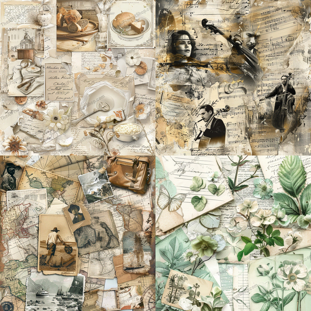 Vintage Ephemera Collage Art AI MidJourney Image Prompt, 8083antique decor, artistic prints, botanical collage, elegant wall decor, ephemera art, heritage art, historical collage, midjourney, music notes art, muted color palette, nostalgic art, old-world charm, retro art, timeless art, travel memorabilia, vintage aesthetics, vintage collage, vintage decor, vintage-inspired art