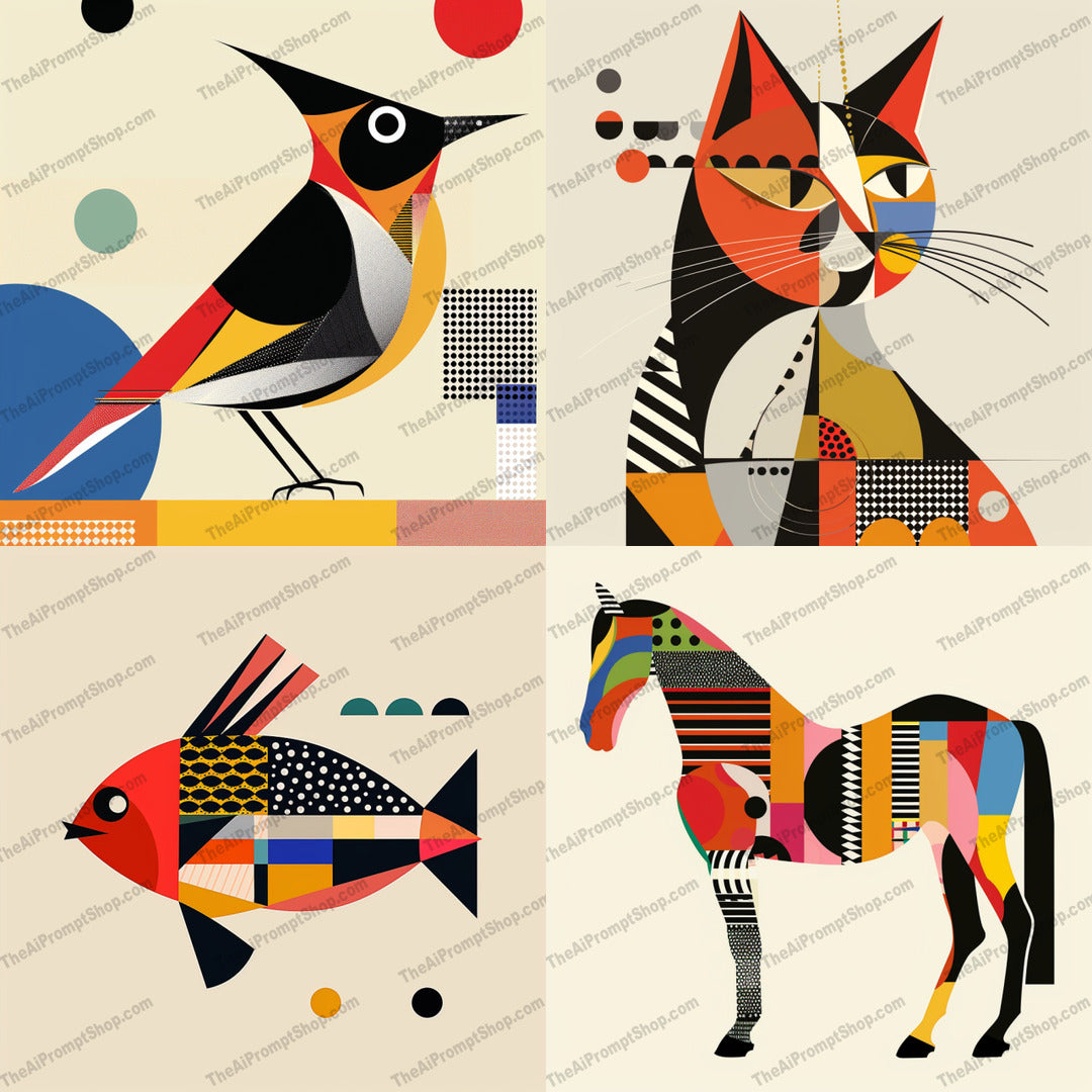 Geometric Animal Art AI MidJourney Image Prompt, 8085abstract animals, abstract prints, animal illustrations, artistic decor, bird art, bold patterns, cat art, colorful decor, contemporary art, creative wall art, fish art, geometric art, geometric shapes, horse art, mid-century modern, midjourney, modern design, playful art, statement pieces
