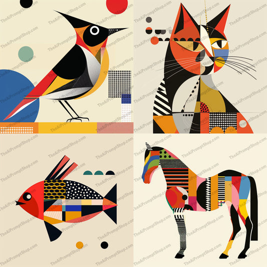 Geometric Animal Art AI MidJourney Image Prompt, 8085abstract animals, abstract prints, animal illustrations, artistic decor, bird art, bold patterns, cat art, colorful decor, contemporary art, creative wall art, fish art, geometric art, geometric shapes, horse art, mid-century modern, midjourney, modern design, playful art, statement pieces