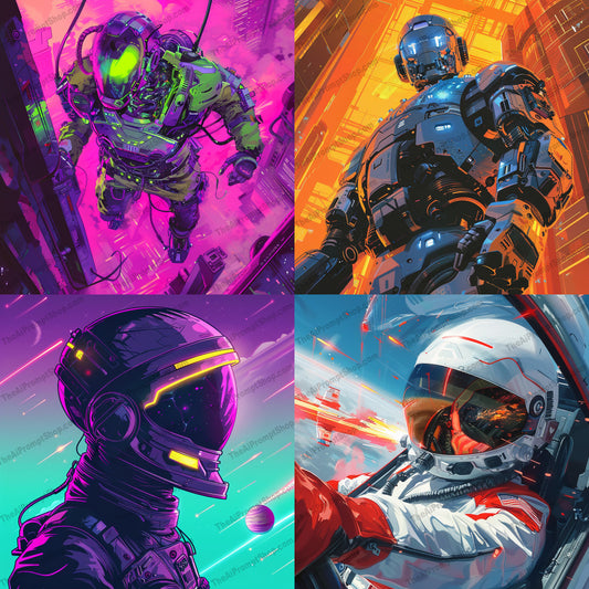 Futuristic Space Explorers and Cyborgs AI MidJourney Image Prompt, 8087astronaut art, bold art, cyberpunk style, cyborgs, dynamic compositions, futuristic art, high-tech designs, midjourney, modern decor, sci-fi enthusiasts, space adventure, space art, space explorers, tech-inspired decor, vibrant art