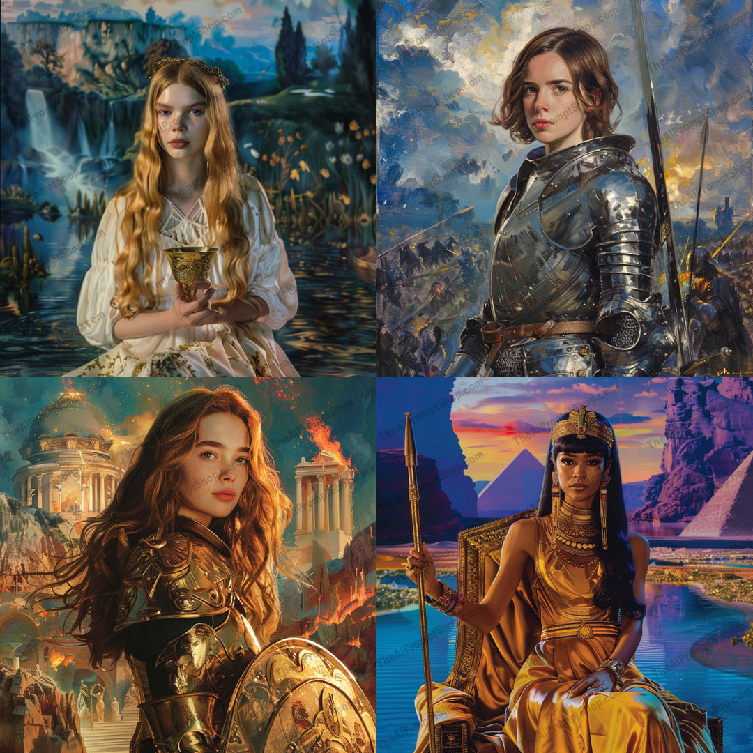 Legendary Queens and Warriors Art AI MidJourney Image Prompt, 8089Egyptian art, elegant art, empowering art, epic art, Greek mythology, historical queens, history-inspired art, medieval art, midjourney, mythical figures, powerful decor, powerful women, regal portraits, warrior queens
