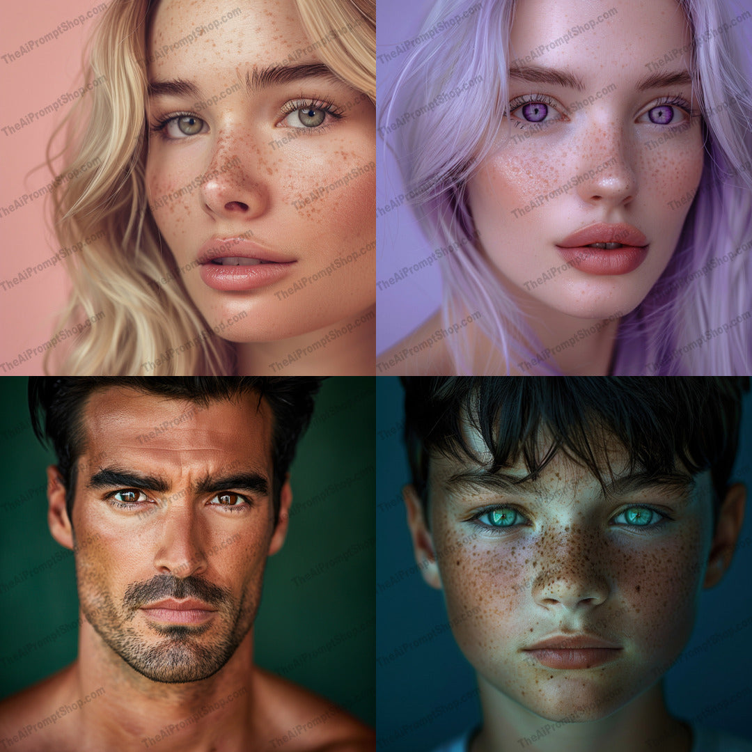 Captivating Freckles Portrait Art AI MidJourney Image Prompt, 8095artistic faces, beauty in diversity, captivating eyes, contemporary art, detailed portraits, diverse characters, ethereal portraits, expressive art, freckles, midjourney, modern portraiture, natural beauty, realism, realistic art, soft colors, vivid details