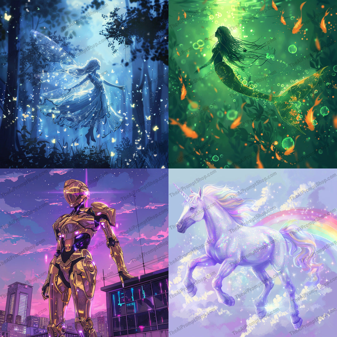 Enchanted Realms Fantasy Creatures AI MidJourney Image Prompt, 8097dreamlike worlds, enchanted realms, enchanting landscapes, fairies, futuristic fantasy, imaginative decor, magical worlds, mermaids, midjourney, mystical art, otherworldly art, robots, unicorns, whimsical decor