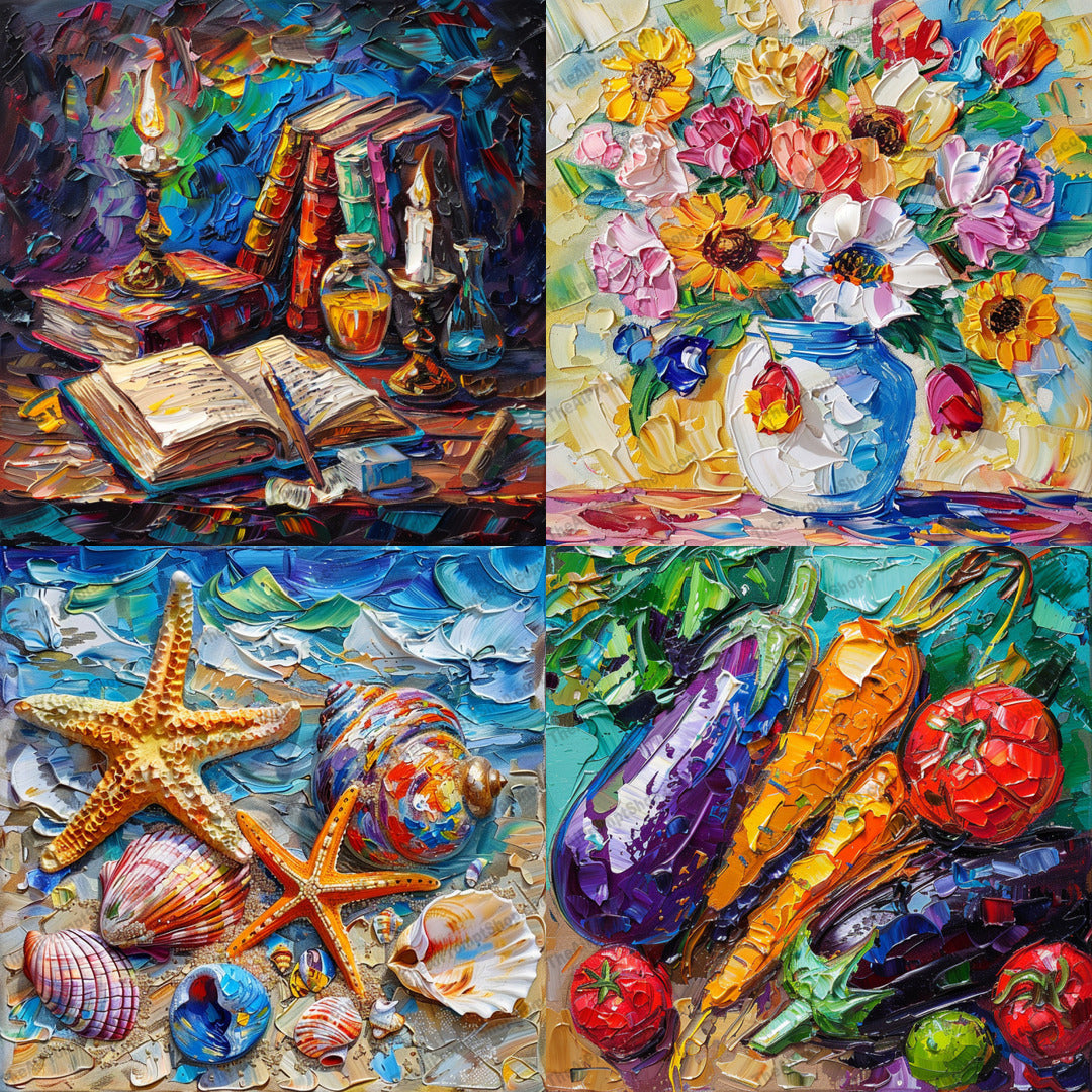 Vibrant still life textured oil paintings illustration in a colorful style created from an AI image prompt.