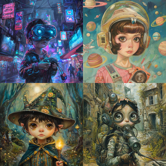 Whimsical Worlds Fantasy and Sci-Fi Children Art AI MidJourney Image Prompt, 8101adventure art, adventurous characters, children illustrations, creative decor, detailed environments, futuristic children, magical landscapes, midjourney, modern fantasy, post-apocalyptic art, retro sci-fi, storytelling art