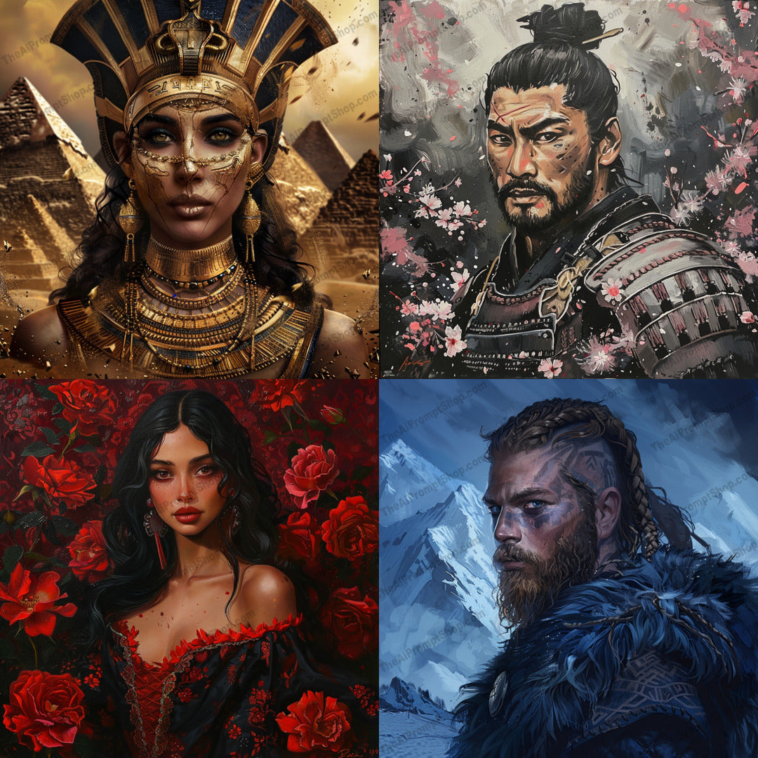 Legendary Heroes and Heroines AI MidJourney Image Prompt, 8102cultural art, detailed art, dramatic art, Egyptian queen, emotional depth, epic stories, flamenco dancer, heroines, historical decor, historical figures, historical portraits, legendary heroes, midjourney, powerful portraits, samurai art, Viking warrior, warrior art