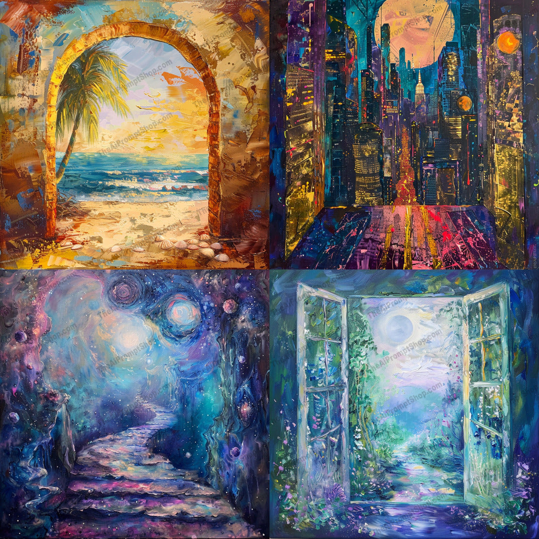 Dreamscape Doorways AI MidJourney Image Prompt, 8103adventure art, artistic escape, artistic worlds, colorful decor, cosmic art, dreamscape art, enchanting art, fantasy doorways, fantasy gateways, fantasy landscapes, imaginative decor, magical doorways, midjourney, modern fantasy, mystical pathways, otherworldly realms, surreal worlds