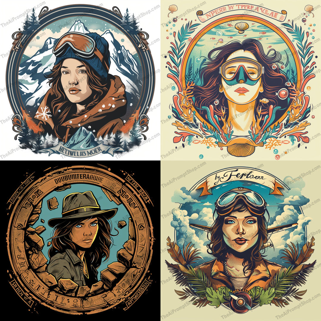 Vintage Adventure Illustration AI MidJourney Image Prompt, 8137adventure, artwork, aviator gear, detailed, exploration, hand-drawn, handcrafted, illustration, midjourney, mountains, nature, nostalgia, outdoors, retro, rustic, seashells, stylish, travel, vintage, wanderlust