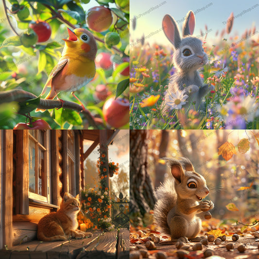 Whimsical Wildlife Art AI MidJourney Image Prompt, 8148animals, beautiful, bird, cat, colorful, enchanting, endearing, fantasy, golden light, innocence, magic, midjourney, natural, nature, rabbit, squirrel, vibrant, warm, whimsical wildlife art