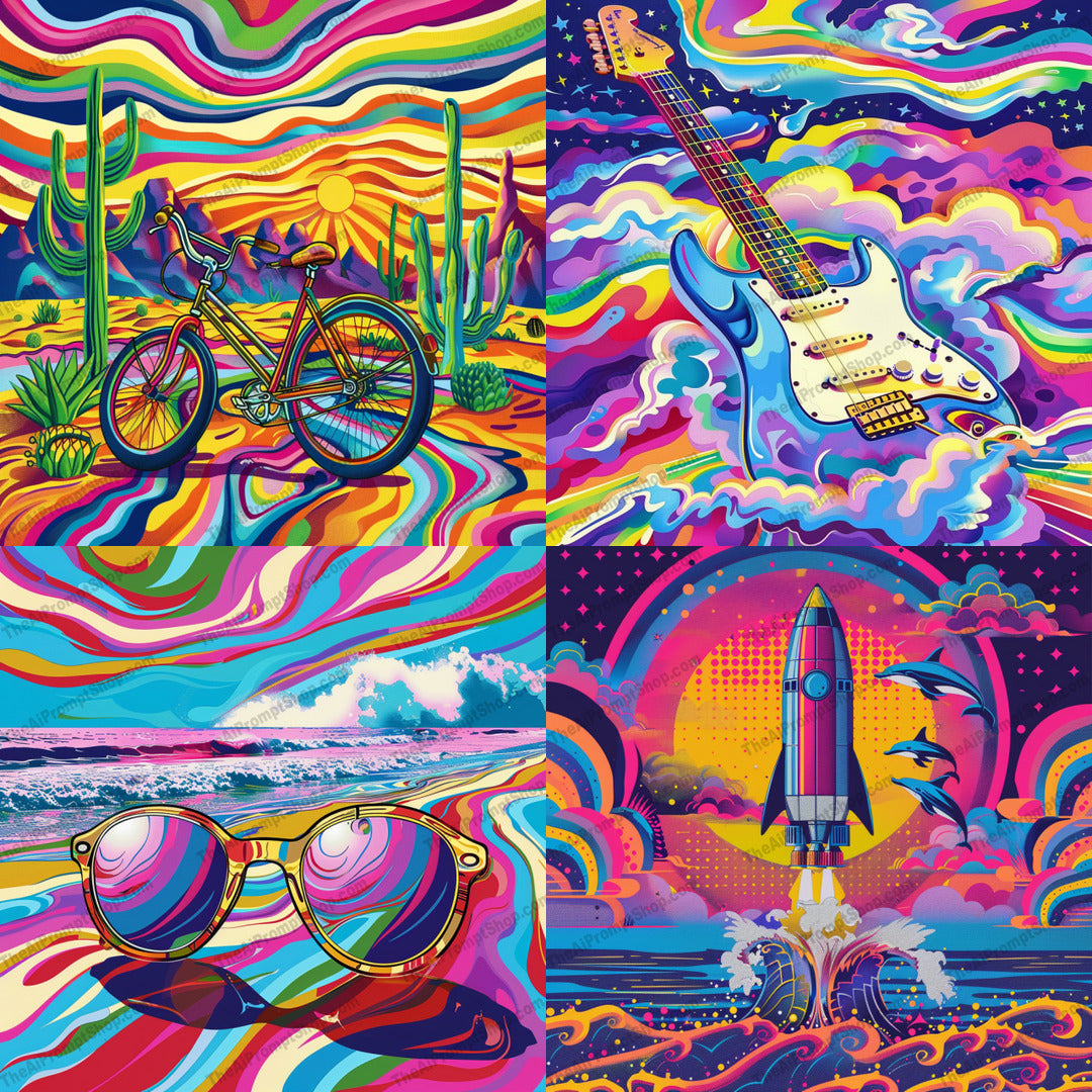 Psychedelic Dreamscape AI MidJourney Image Prompt, 8155abstract, art, bicycle, bold, colorful, creative, dreamscape, fantasy, guitar, imaginative, midjourney, modern, neon, patterns, psychedelic, rocket, sunglasses, surreal, swirls, trippy, vibrant, visual