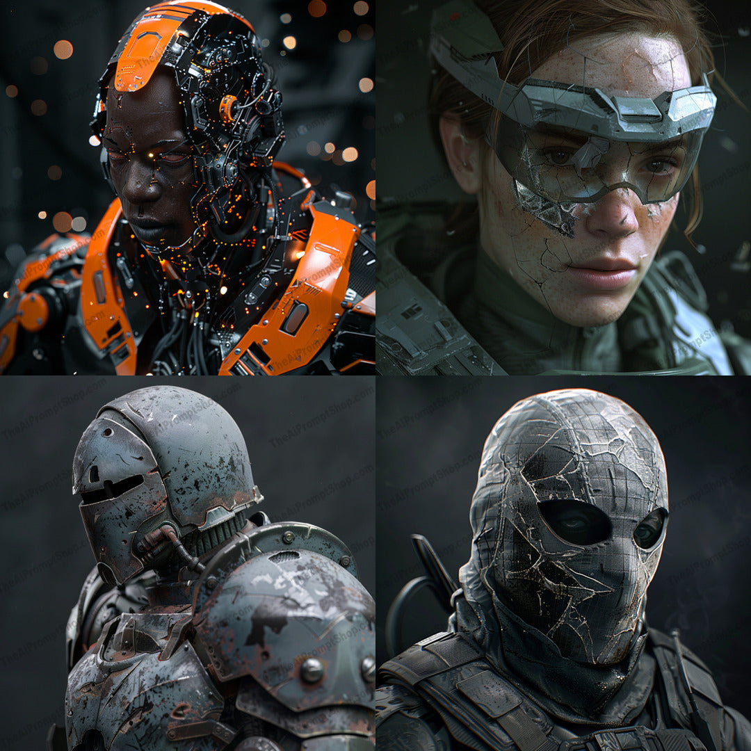Futuristic Cyberpunk and Military Themes AI MidJourney Image Prompt, 8158advanced technology, armor, battle gear, bright colors, contrast, cyber soldier, cyberpunk, detailed artwork, digital art, futuristic, futuristic design, high-tech, intricate, mechanical, midjourney, military, muted colors, robot, robotic, sci-fi