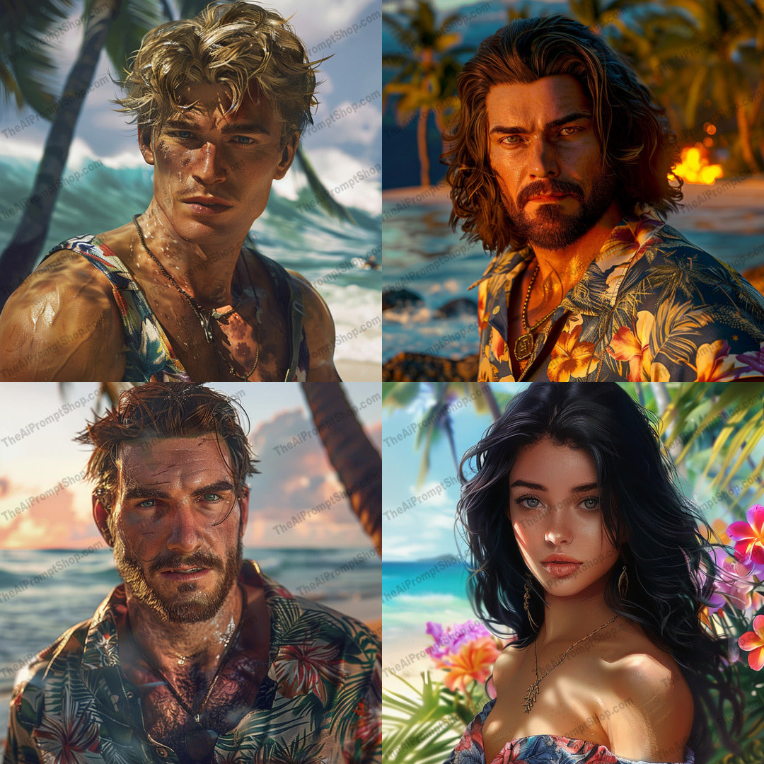 Tropical Beach Vibes Portrait AI MidJourney Image Prompt, 8159carefree, coastal, floral, island life, midjourney, nature, ocean, palm trees, paradise, relaxed, scenic, seaside, summer, sunlight, sunset, tropical beach, tropical shirt, vacation, vibrant, waves