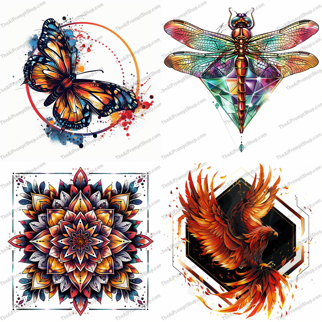 Vibrant Artistic Design AI MidJourney Image Prompt, 8166abstract art, artistic, butterfly, colorful, creative, decorative design, detailed, dragonfly, dynamic, energetic, eye-catching, intricate, mandala, midjourney, modern, nature, phoenix, statement piece, vibrant, visual