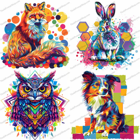 Vibrant Animal Collage Art AI MidJourney Image Prompt, 8167abstract, animal art, artistic, bright, colorful, contemporary, creative, dog, dynamic, electrifying, energy, fox, geometric, midjourney, modern, owl, pattern, rabbit, spectrum, vibrant