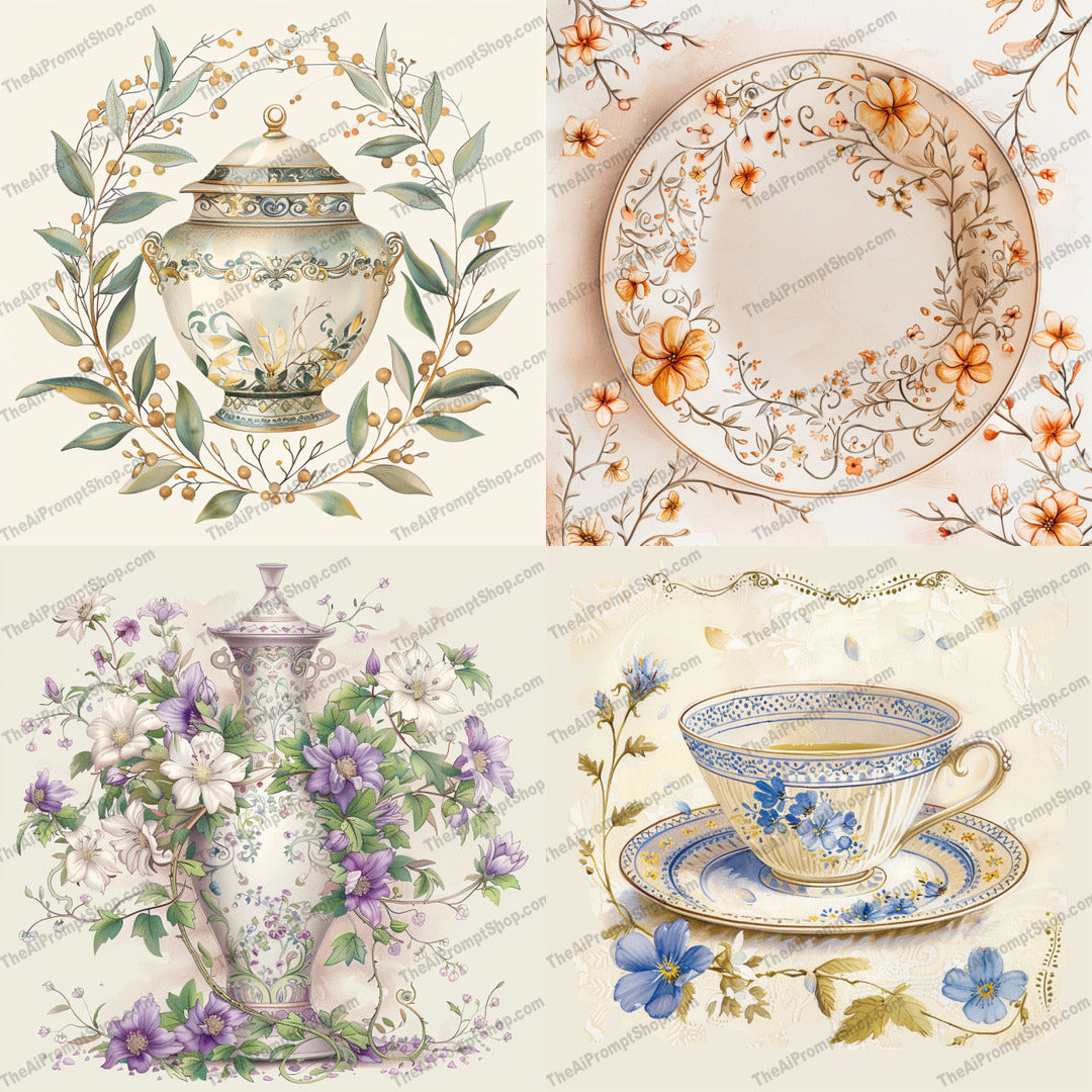 Elegant Vintage Porcelain AI MidJourney Image Prompt, 8171aesthetic, antique, artwork, beautiful, charm, classic, classical, craftsmanship, delicate, design, elegant, floral, intricate, ornatemidjourney, pattern, soft colors, sophisticated, timeless, vintage porcelain