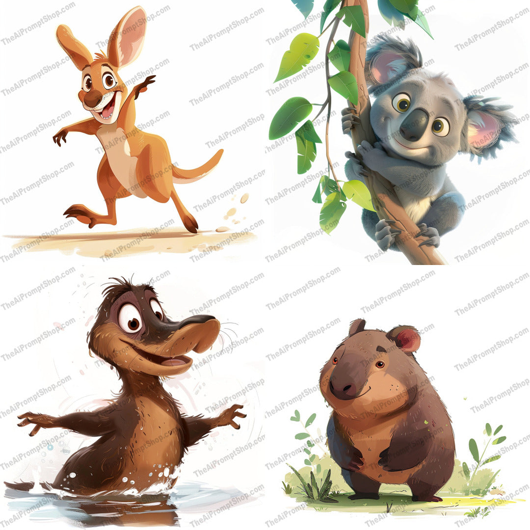 Playful Australian Animal Characters AI MidJourney Image Prompt, 8173animal cartoons, animated characters, animation designmidjourney, art for kids, Australian animals, cartoon animals, charming characters, children's illustrations, colorful illustrations, cute animals, fun art, funny animal art, kangaroo character, koala character, mascot design, platypus character, playful illustrations, whimsical style, wildlife art, wombat character