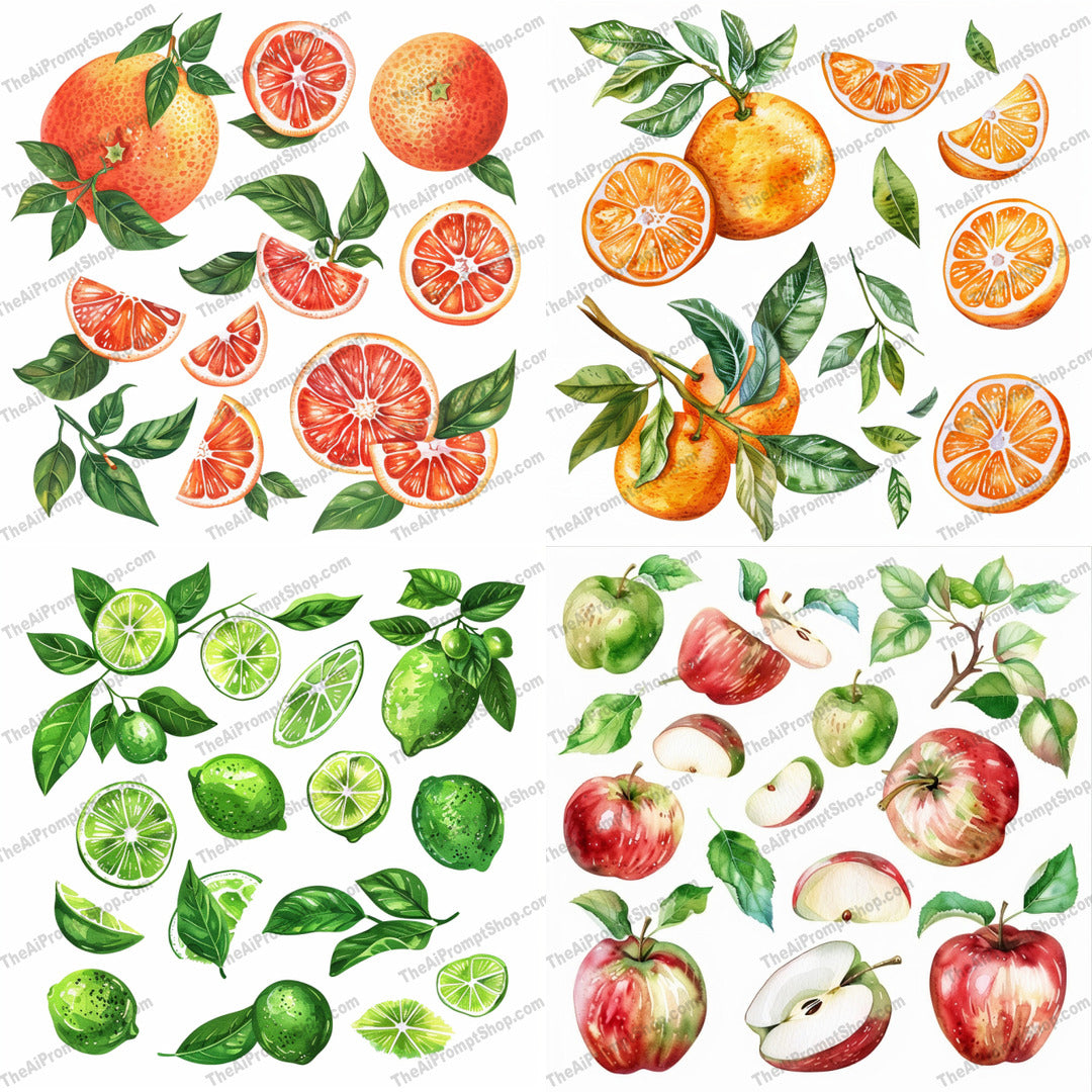 Watercolor Fruit Illustration AI MidJourney Image Prompt, 8176aesthetic, apple, artwork, botanical, citrus, colorful, detail, fresh, hand-painted, juicy, lifelike, lush leaves, natural, realisticmidjourney, texture, vibrant, watercolor fruit illustration