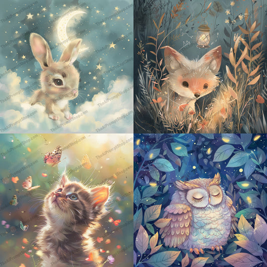 Whimsical Nature Fantasy Art AI MidJourney Image Prompt, 8178animal illustration, decor space, dreamy, enchanting, forestmidjourney, fox, kitten, magic, mystical, owl, pastel, rabbit, soft colors, whimsical nature fantasy art, wonder