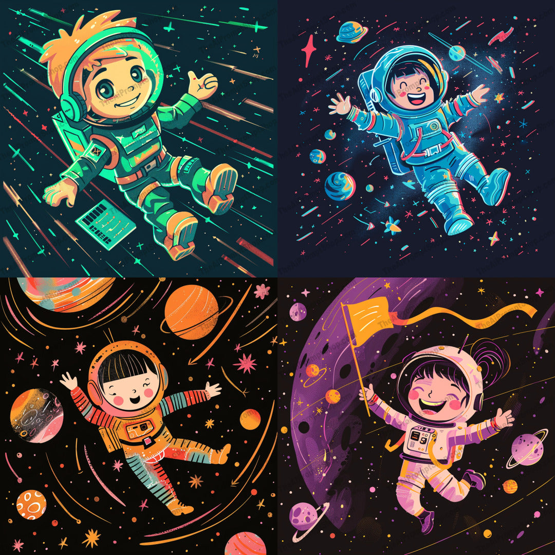 Adventures of Space Kids AI MidJourney Image Prompt, 8181astronauts, bright, colorful, cosmic, cosmosmidjourney, exploration, floating, fun, imagination, joyful, kids space suits, orbit, outer space, planets, space children adventure, stars, whimsical