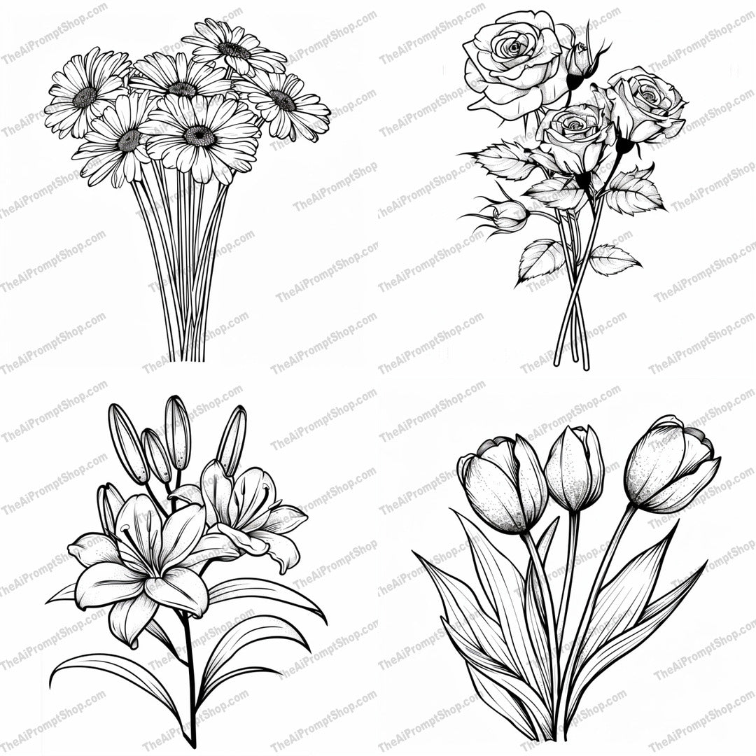 Elegant Flower Bouquet Illustration AI MidJourney Image Prompt, 8182aesthetic, artistic, black and white, botanical, bouquet, classic, daisies, decorative, detailed, elegant, flower illustration, lilies, line workmidjourney, nature, pen and ink, roses, sketch, timeless, tulips
