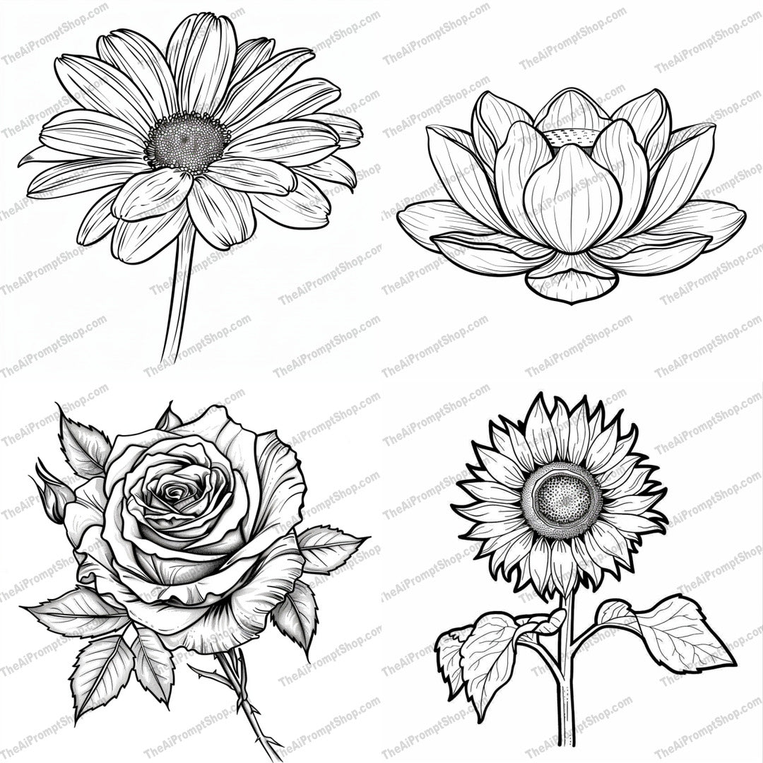 Intricate Floral Line Art AI MidJourney Image Prompt, 8183aesthetic, art, black and white, botanical, decorative, delicate, detailed, drawing, elegant, floral design, flower line art, illustration, inkmidjourney, minimalist, natural, outline, sketch, vintage