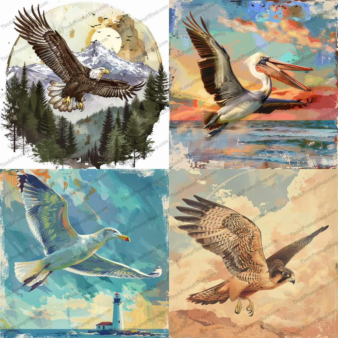 Majestic Birds in Nature AI MidJourney Image Prompt, 8185artistic, captivating, colorful, decormidjourney, detailed, freedom, illustration, intricate, majestic bird, natural beauty, nature art, painting, scenic, soaring, tranquility, vivid, wildlife, wonder