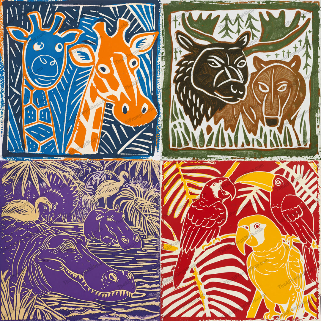 Colorful Wildlife Art AI MidJourney Image Prompt, 8191abstract, alligator, bear, bold, colorful, creative, dynamic, flamingo, forest, giraffe, illustration, jungle, modern decor, moose, nature, parrot, savannahmidjourney, vibrant, wildlife art