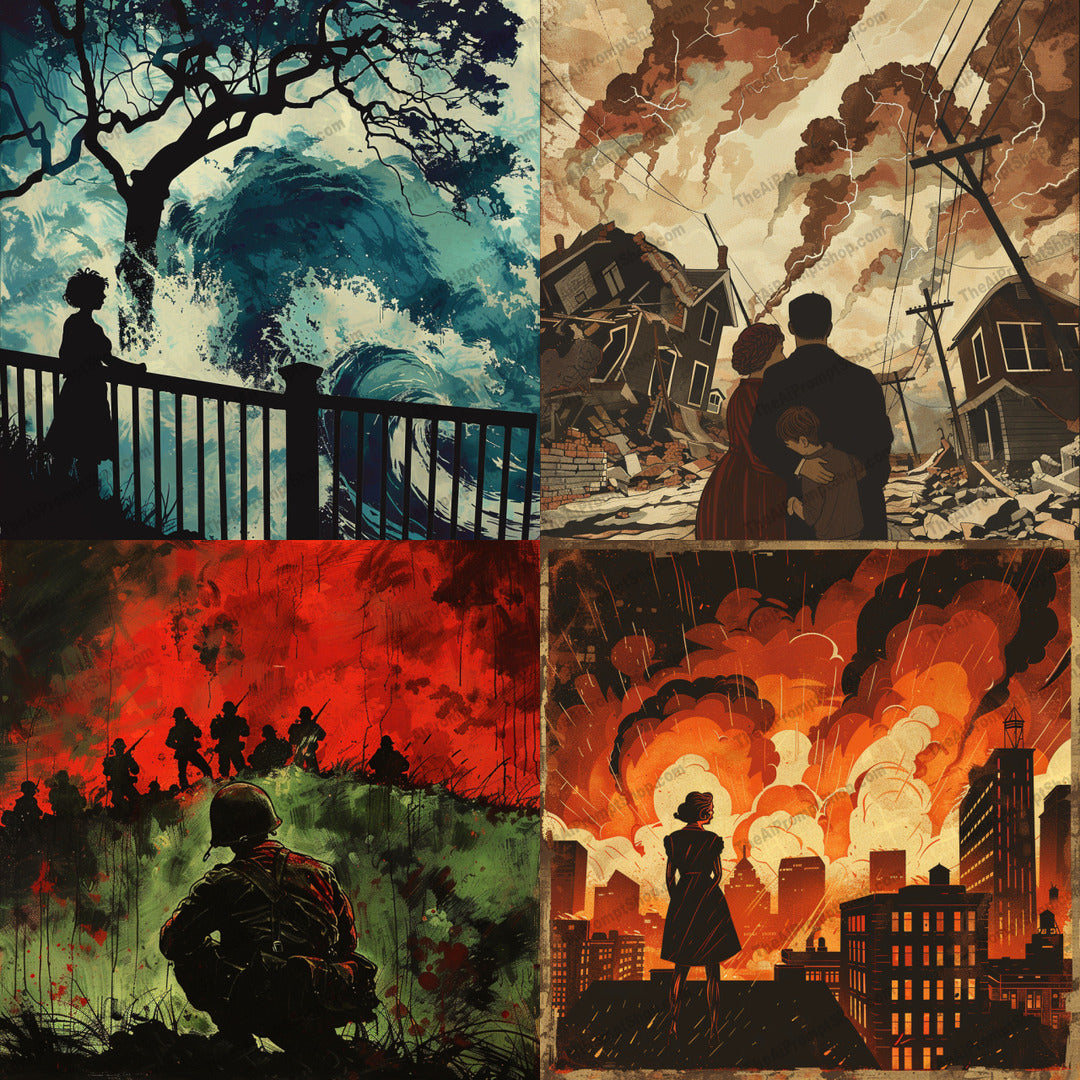 Dramatic Illustrated Cataclysms AI MidJourney Image Prompt, 8192bold colors, cityscape, destructionmidjourney, disaster, dramatic illustrated cataclysm, dynamic composition, emotional impact, explosion, family, human adversity, intense artwork, nature, nature's fury, single image, soldier, storm, war