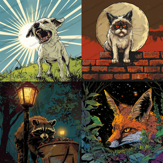 Vibrant Animal Illustrations AI MidJourney Image Prompt, 8195art, background, bold colors, character, compositionmidjourney, detailed, drawing, dynamic lines, expressive, intricate shading, scene, single image, stylized, vibrant, vintage animal illustration, vintage-inspired artwork