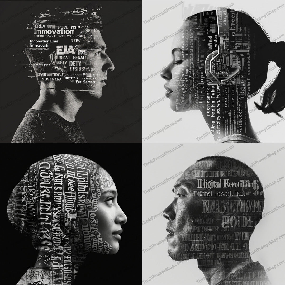 Innovative Silhouette Art AI MidJourney Image Prompt, 8196artistic, black and white, contemporary art, creative, digital art, futuremidjourney, futuristic, graphic design, head profile, innovative design, monochrome, side profile, silhouette modern art, sleek, stylish, tech words, technology, typography