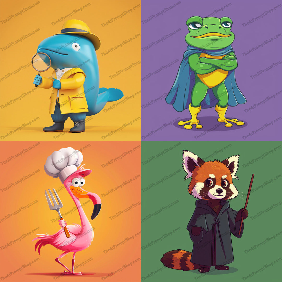 Quirky Animal Characters AI MidJourney Image Prompt, 8198anthropomorphic, artistic, cartoon, charming character, children, colorful, creative, cute, fantasy adventure, fun, imaginative, playful, quirky animal illustration, storytellingmidjourney, vibrant, whimsical