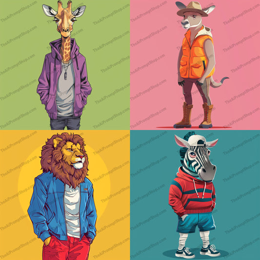 Stylish Animal Portrait Illustration AI MidJourney Image Prompt, 8199animal art, anthropomorphic illustration, character design, colorful background, contemporary illustration, creative designmidjourney, fashionable animal, hipster animal, modern art, modern decor, playful art, pop culture, streetwear, stylish animal, trendy, unique decor, vibrant art, whimsical fashion illustration