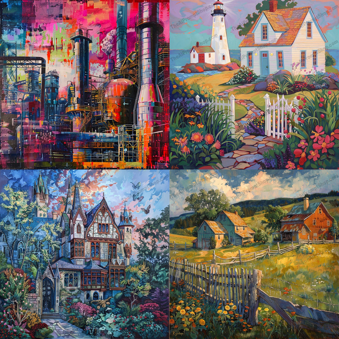 Colorful Scenery Artwork AI MidJourney Image Prompt, 8209art, buildings, charming, colorful, country, countryside, fieldsmidjourney, gardens, intricate details, landscape, lively, nature, pastoral, picturesque, quaint, saturated hues, scenic, vibrant, vivid, whimsical