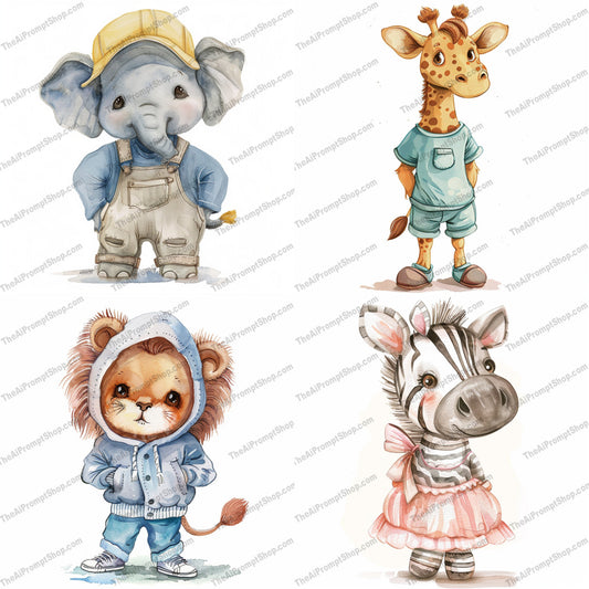 Adorable Animal Illustrations AI MidJourney Image Prompt, 8210animal art, animal characters, animal friends, baby room art, cartoon animalsmidjourney, charming outfits, children's illustration, cute animals, elephant illustration, giraffe illustration, hand-drawn, kids art, lion illustration, nursery decor, playful decor, soft colors, sweet animals, watercolor, whimsical art, zebra illustration