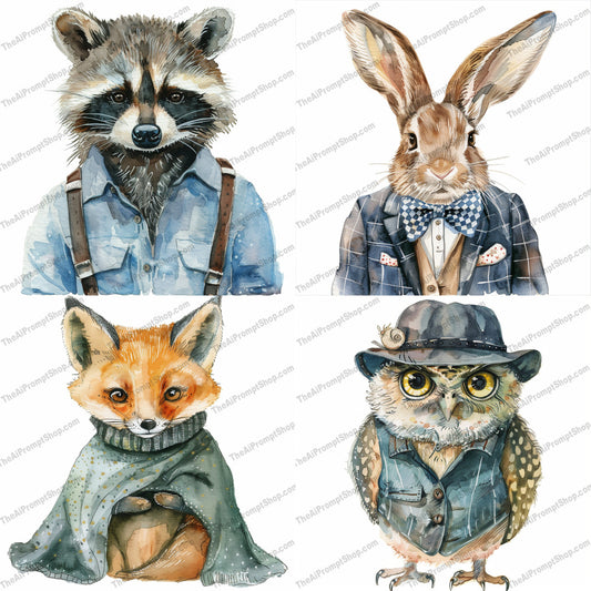Chic Woodland Creatures AI MidJourney Image Prompt, 8211animalsmidjourney, anthropomorphic, artwork, charming, cute gifts, decor, detailed illustration, enchanting, fashionable, forest, nature, sophisticated, stylish, unique, whimsical watercolor, woodland creature
