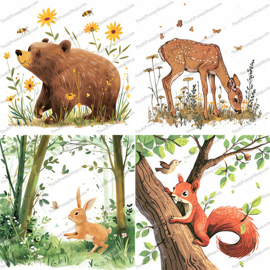 Woodland Animal Illustration AI MidJourney Image Prompt, 8215Bear, Cartoon, Charming, Children, Cute, Fauna, Fawn, Flora, Forest, Illustration, Kids Decor, Nature, Playful Artmidjourney, Rabbit, Squirrel, Whimsical, Wildlife, Woodland Animals