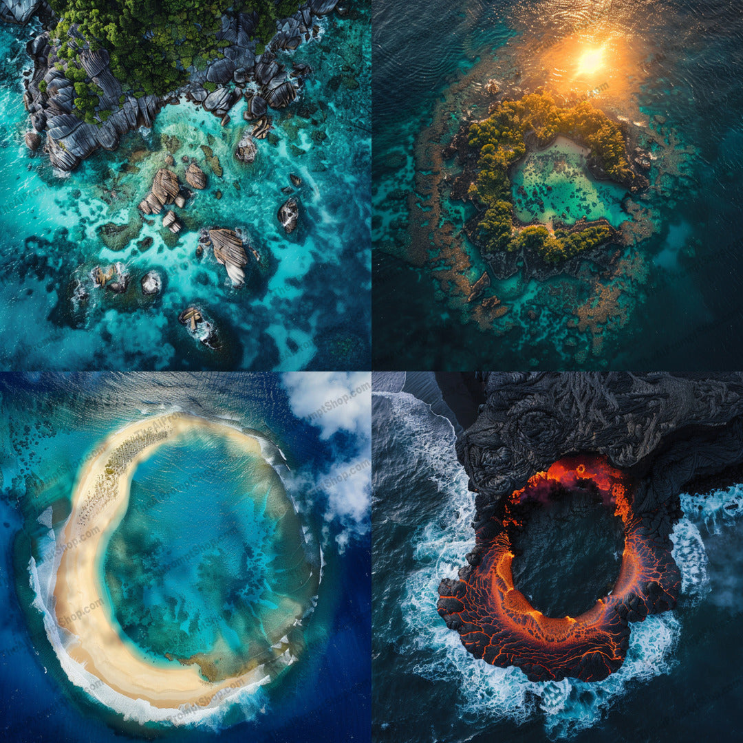 Aerial island and ocean views illustration in a cinematic style created from an AI image prompt.