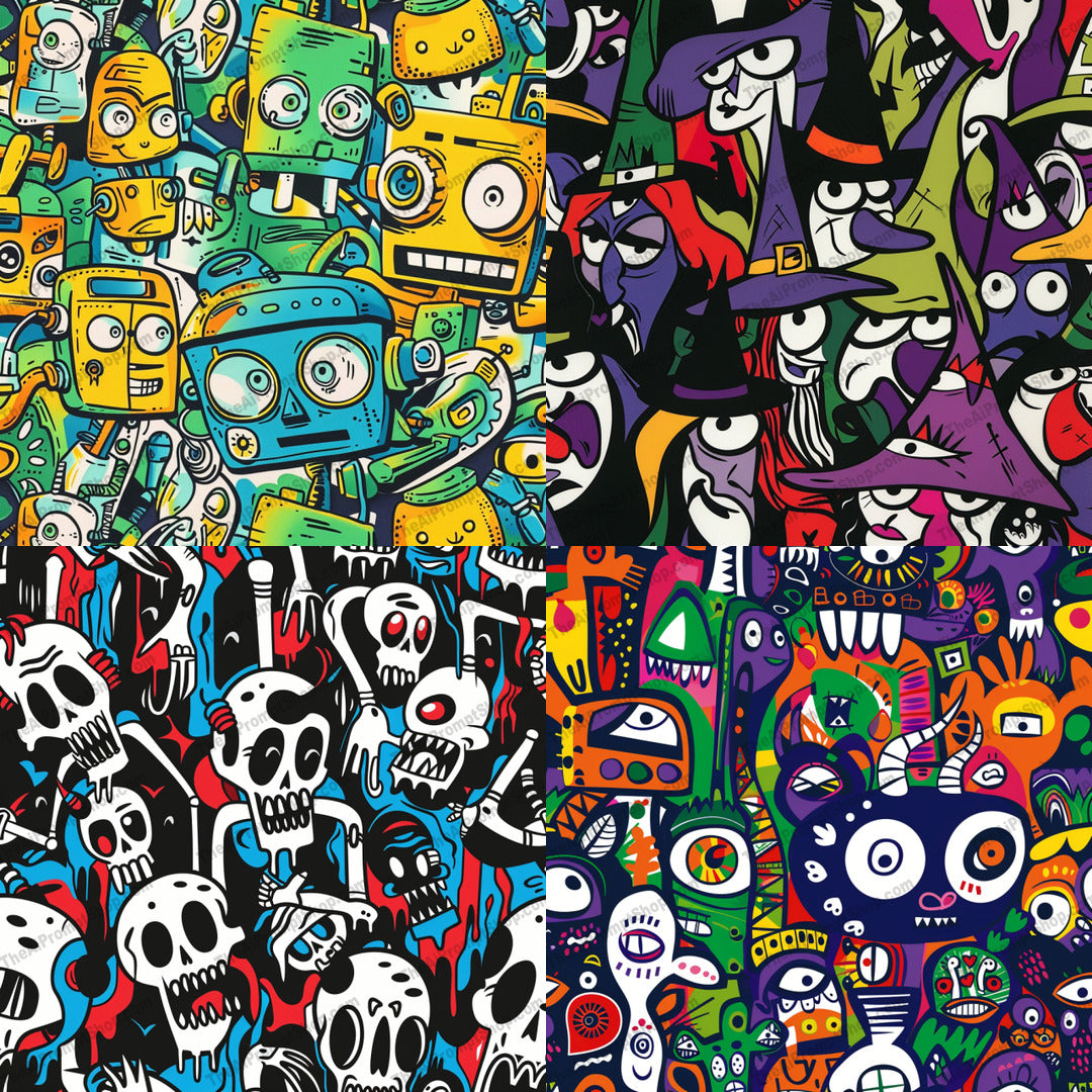 Vibrant Cartoon Style Art AI MidJourney Image Prompt, 8220art, bold, cartoon, characters, colorful, contemporary, creatures, decor, design, energetic, expressive, funmidjourney, modern art, playful, quirky, robots, skeletons, vibrant, whimsical, witches
