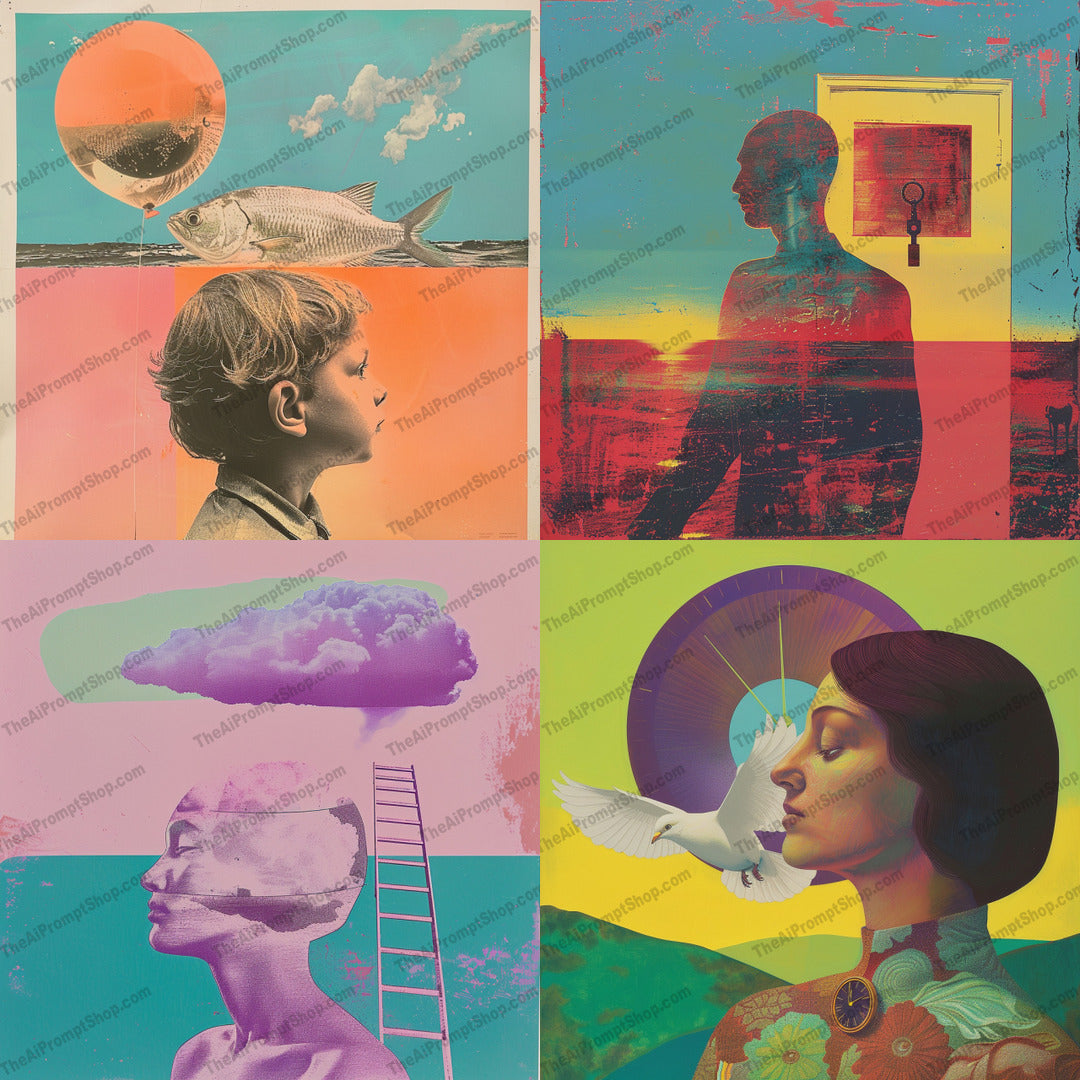Surrealist Digital Collage AI MidJourney Image Prompt, 8221abstract, artistic, bird, bold colors, clouds, colorful, contemporary, creative, dreamlike, etherealmidjourney, experimental, fish, imaginative, mixed media, modern art, profiles, surreal digital art, vibrant, whimsical