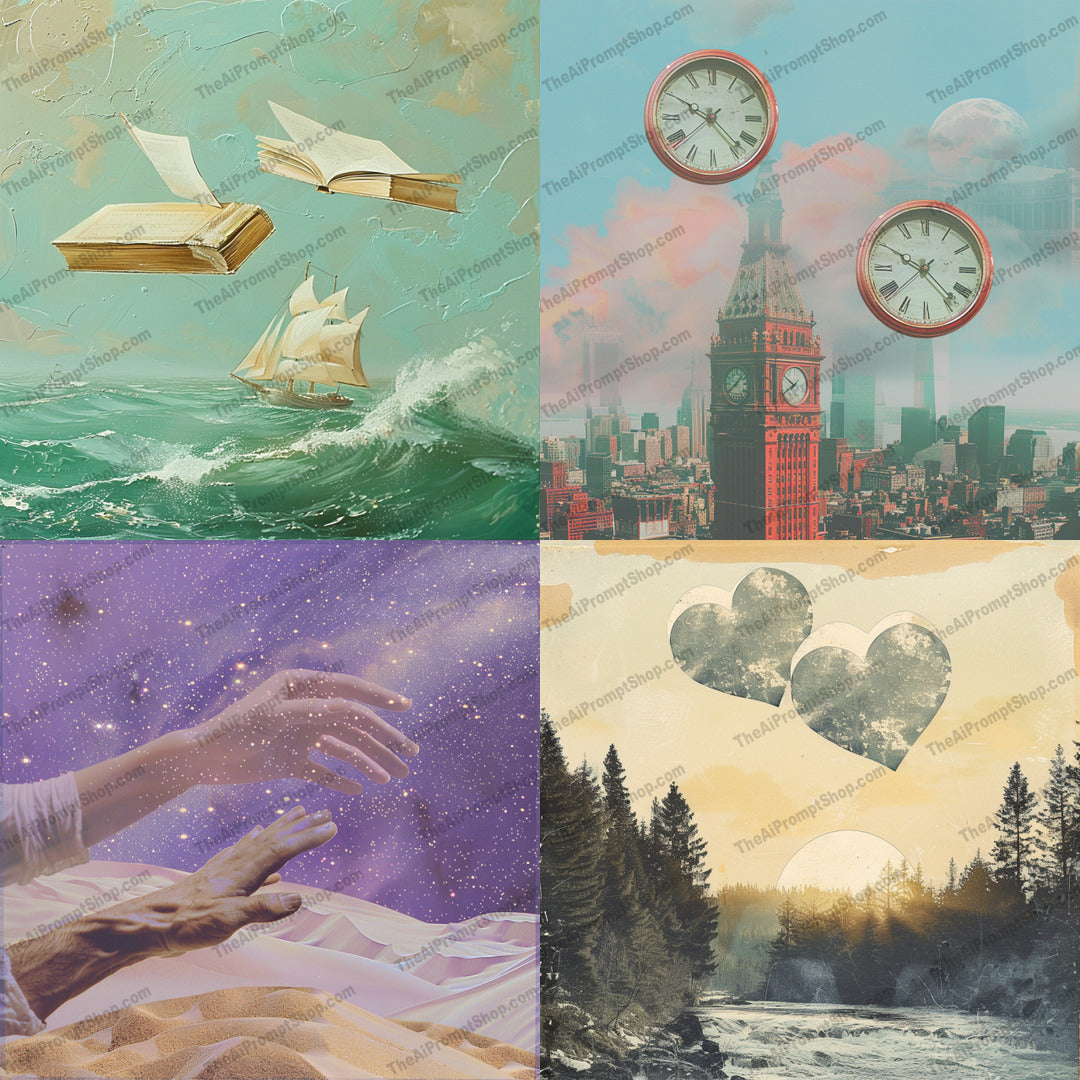 Dreamy Artistic Collage AI MidJourney Image Prompt, 8224abstractmidjourney, artistic, cityscape, clocks, creative, dreamlike, dreamy, ethereal, fantastical, floating books, forest, hands, imagery, imaginative, scenic, sea, serene, surrealism, visuals, whimsy