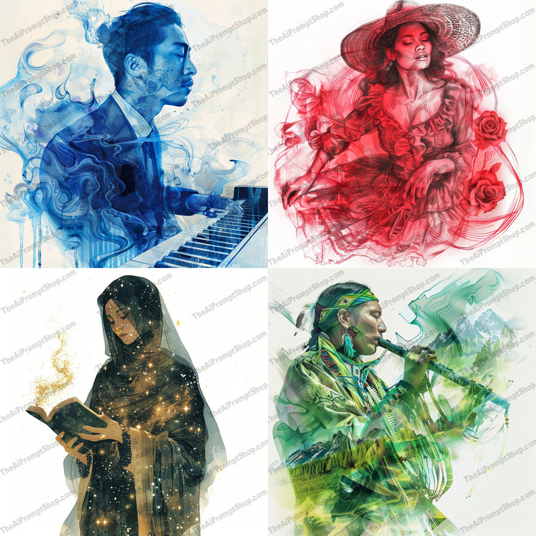 Artistic Multi-Genre Portrait AI MidJourney Image Prompt, 8226aesthetic, art piecemidjourney, art style, artistic portrait, colorful, creative, creative depth, cultural, dynamic, evocative, expressive, lively, multi-genre, room decor, swirling effects, thematic, unique, vibrant, visual art