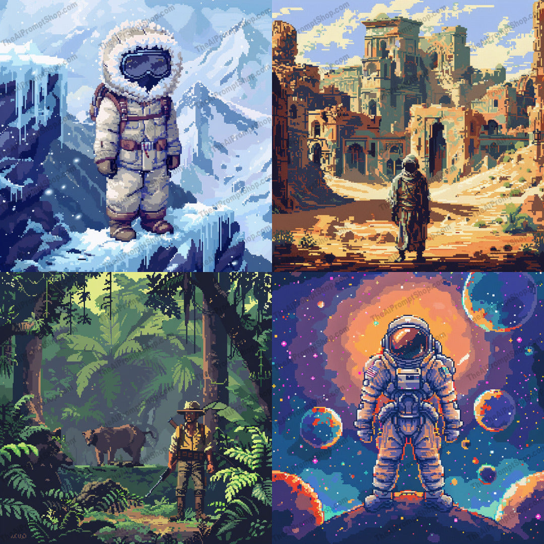 Explorer's Journey Pixel Art AI MidJourney Image Prompt, 82288-bit art, adventure, adventurous settings, ancient ruins, artisticmidjourney, astronaut, detailed pixels, explorer, icy mountain, jungle, nostalgic journey, pixel art, retro, space, unique, vibrant colors, video game art, vintage style, wildlife