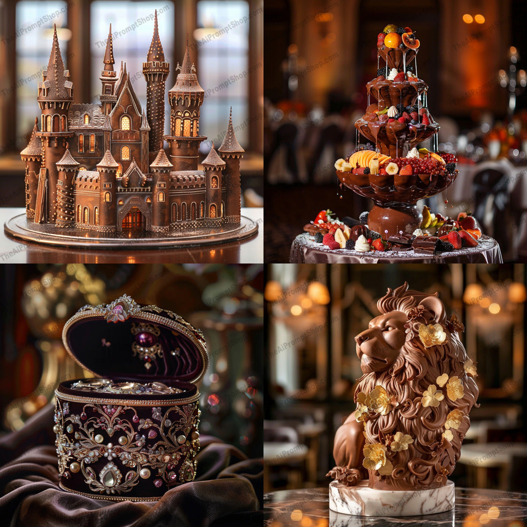 Luxurious Chocolate Artistry AI MidJourney Image Prompt, 8229box, castle, chocolate luxury art, craftsmanship, decorative, fondue fountain, high-end, intricate, jewels, lion sculpture, majestic, opulent texturesmidjourney, ornate, rich tones, warm tones