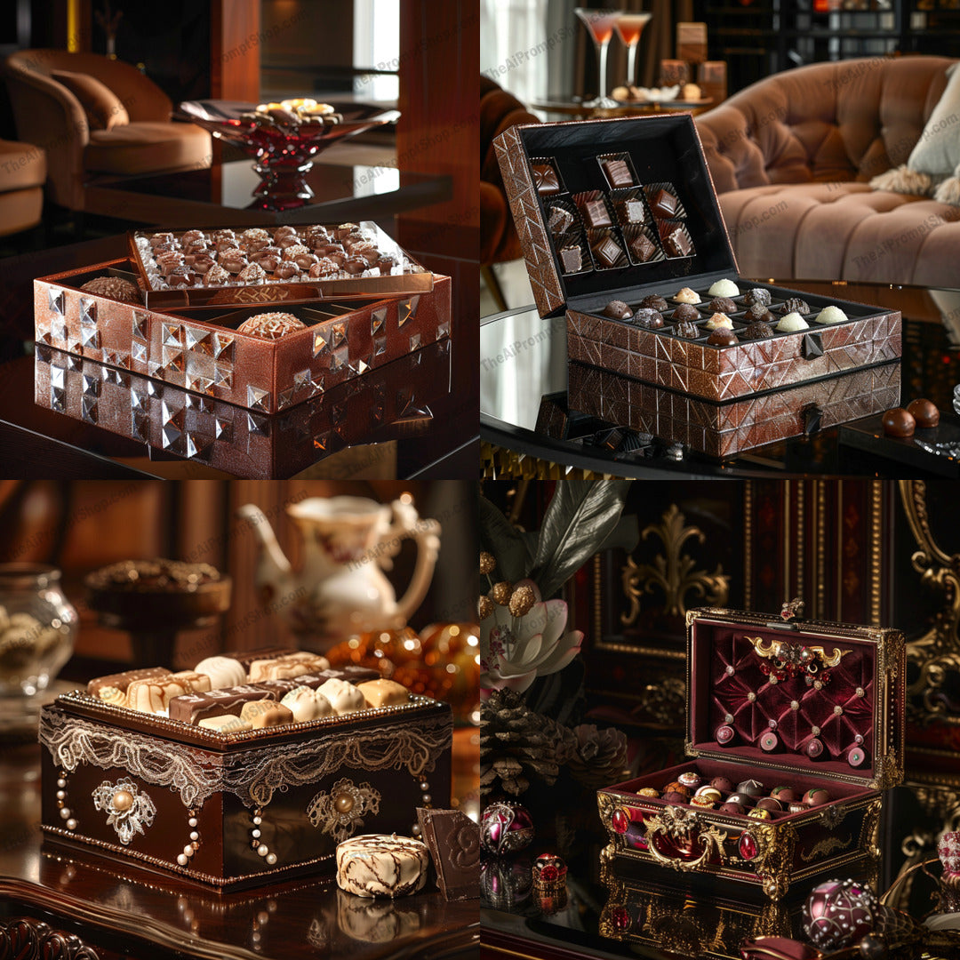 Elegant Chocolate Box Collection AI MidJourney Image Prompt, 8230artisan, box, chocolate luxury, decadent, delicacy, dessert, elegant, exclusive, gift, gift box, gourmand, gourmet, handcrafted, opulent, rich, sophisticated, stylishmidjourney, sweet indulgence